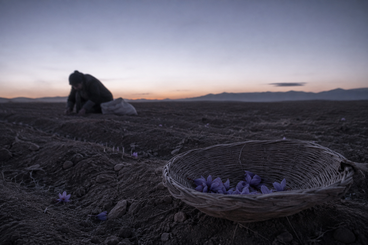 Rows of purple saffron crocus at dawn on the Khorasan plateau.