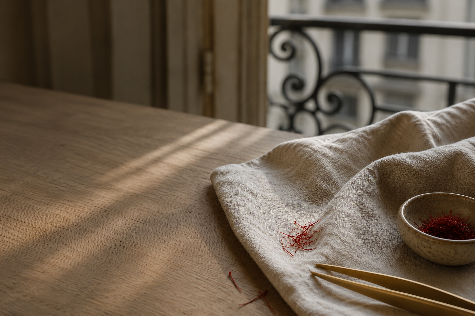 A pale oak table beside a Paris apartment window; on the right, a folded natural linen cloth holds a small ceramic bowl of crimson saffron threads and a pair of wooden tweezers, an iron balcony railing softly out of focus beyond the glass.
